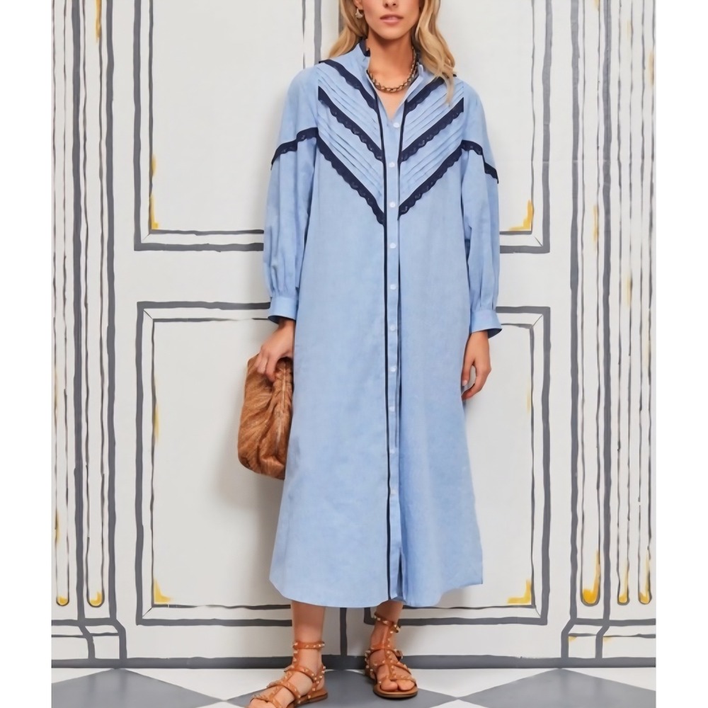 Tuckernuck Jolene Shirt Dress Blue Cotton Linen Lace Trim Pintuck Midi Dress XL